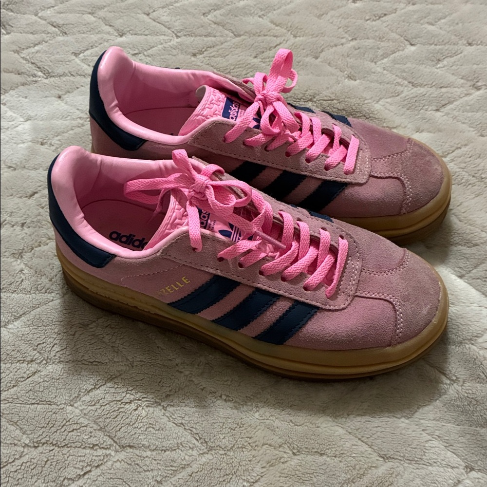 adidas Pink + Navy Gazelle Platforms - Picture 2 of 7